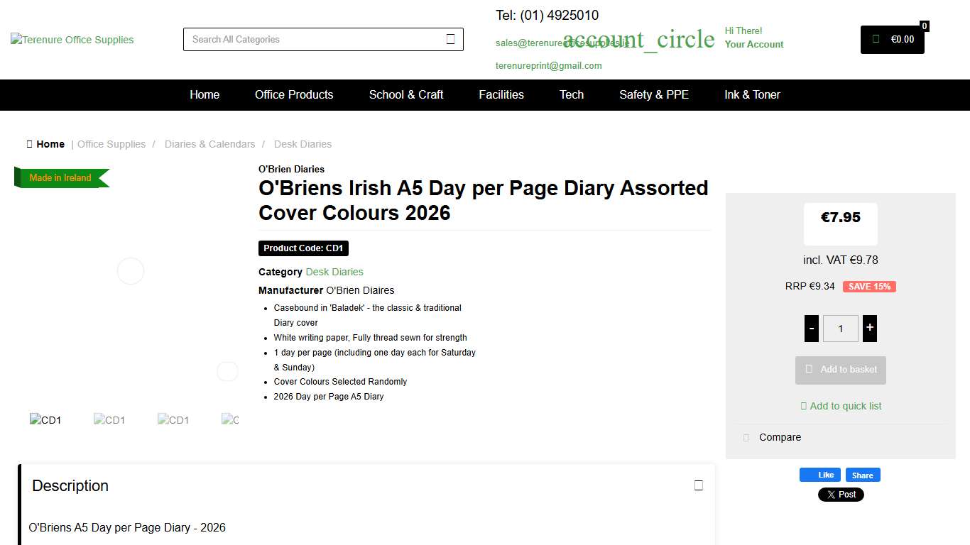 O'Briens Irish A5 Day per Page Diary 2026