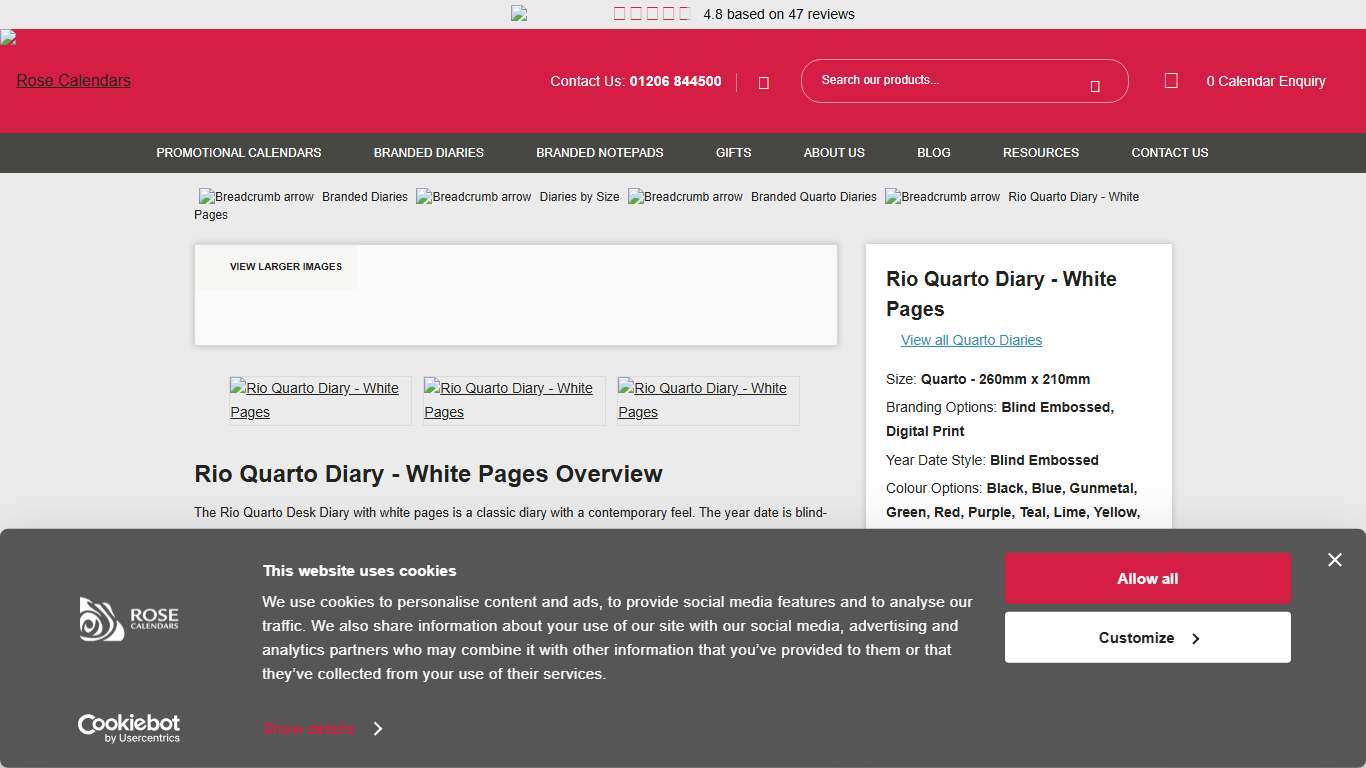 Rio Quarto Branded Diary - White Pages 2026 - Rose Calendars